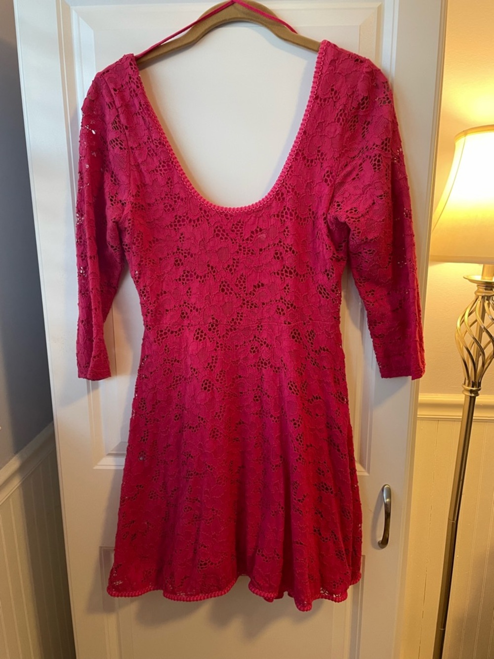 Free People Lace Mini Dress Pink 3/4 Sleeve Scoop Neck Fit & Flare Size Small